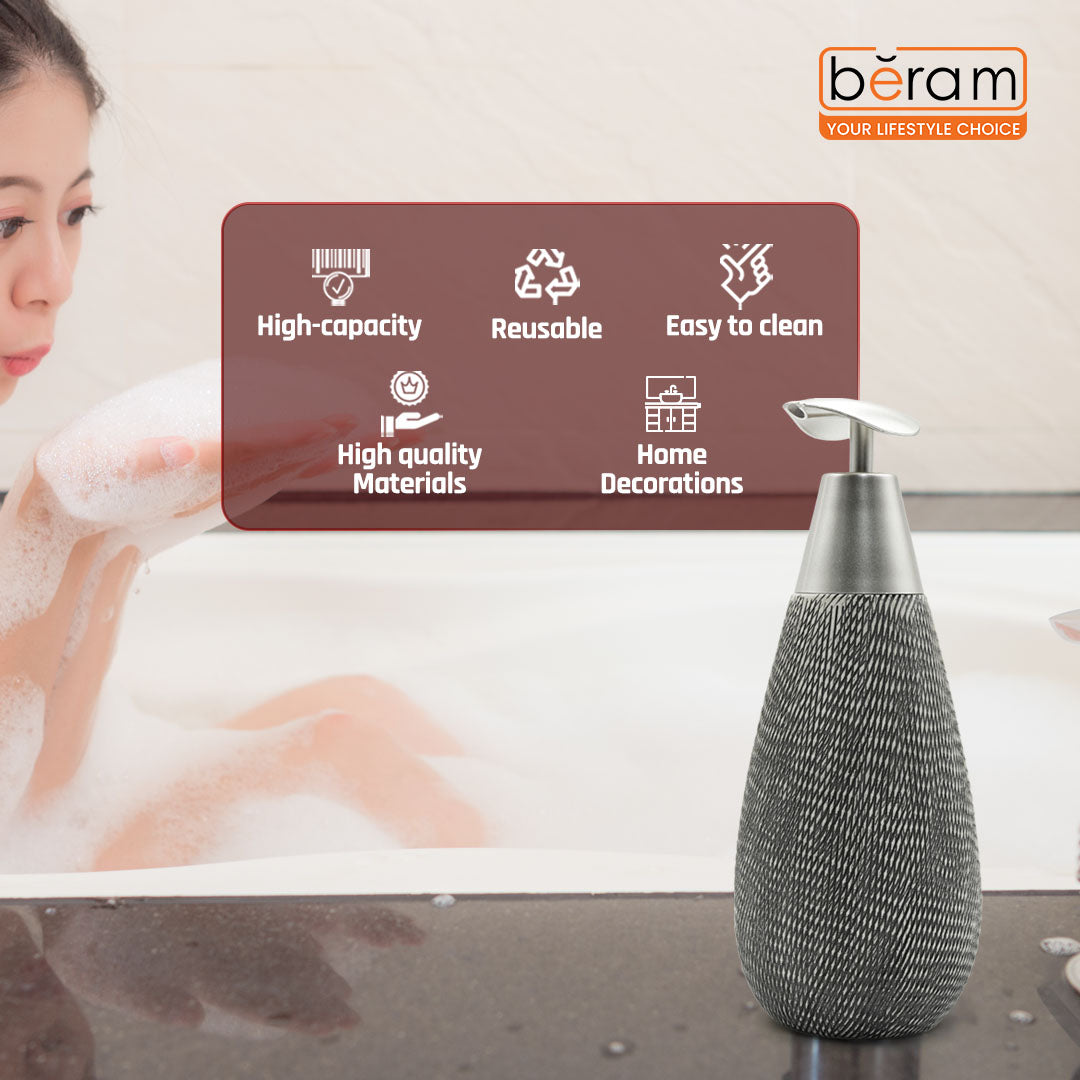 Beram Stripes Ceramic Soap Dispenser Bathroom Accessory Refillable Lotion Pump Bottle with Textured Stripe Design Modern 400ml Kitchen Accessory for Hand Soap Lotion or Sanitizer (Silver and Grey)