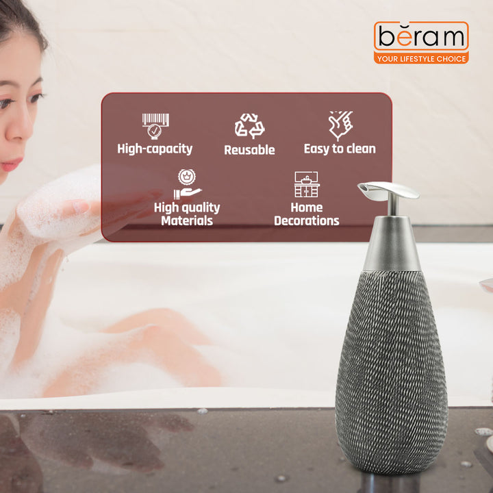 Beram Stripes Ceramic Soap Dispenser Bathroom Accessory Refillable Lotion Pump Bottle with Textured Stripe Design Modern 400ml Kitchen Accessory for Hand Soap Lotion or Sanitizer (Silver and Grey)
