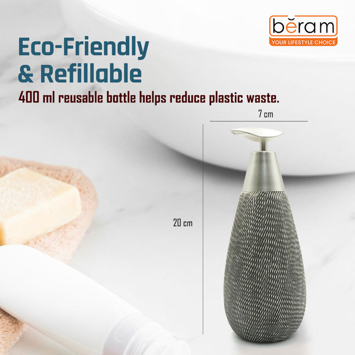 Beram Stripes Ceramic Soap Dispenser Bathroom Accessory Refillable Lotion Pump Bottle with Textured Stripe Design Modern 400ml Kitchen Accessory for Hand Soap Lotion or Sanitizer (Silver and Grey)