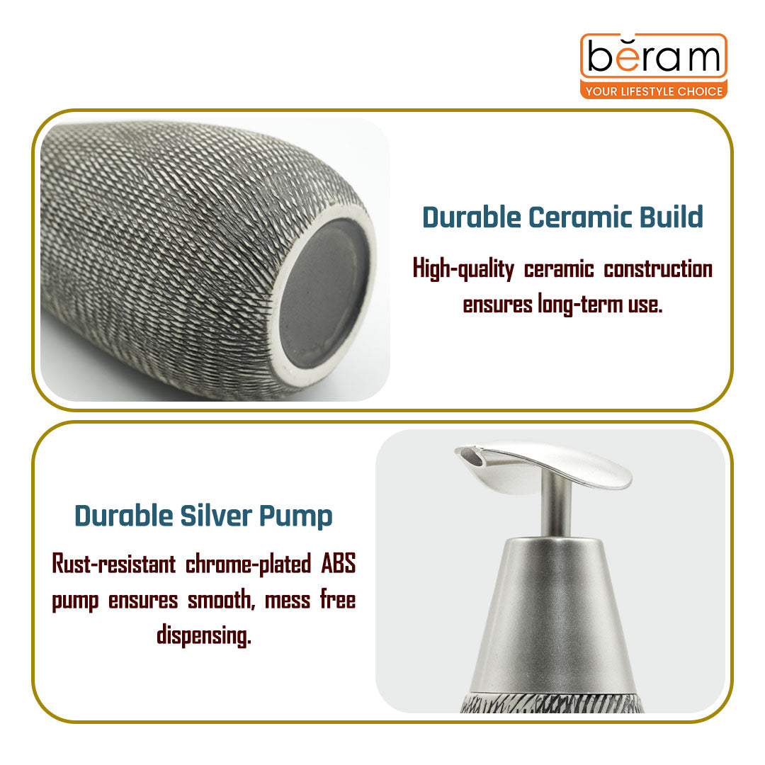 Beram Stripes Ceramic Soap Dispenser Bathroom Accessory Refillable Lotion Pump Bottle with Textured Stripe Design Modern 400ml Kitchen Accessory for Hand Soap Lotion or Sanitizer (Silver and Grey)