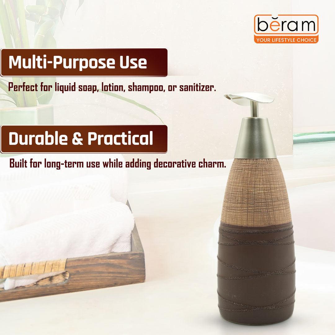 Beram Stripes Ceramic Soap Dispenser 400ml Bathroom Accessory Refillable Lotion Pump Bottle with Textured Stripe Design Modern Bathroom or Kitchen Accessory for Hand Soap Lotion or Sanitizer (Vancho)