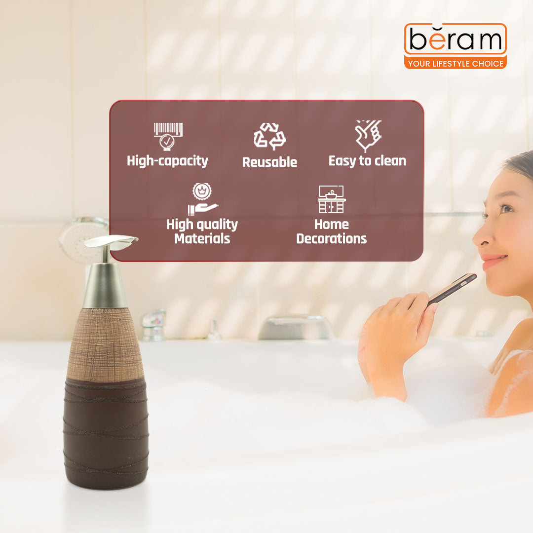 Beram Stripes Ceramic Soap Dispenser 400ml Bathroom Accessory Refillable Lotion Pump Bottle with Textured Stripe Design Modern Bathroom or Kitchen Accessory for Hand Soap Lotion or Sanitizer (Vancho)