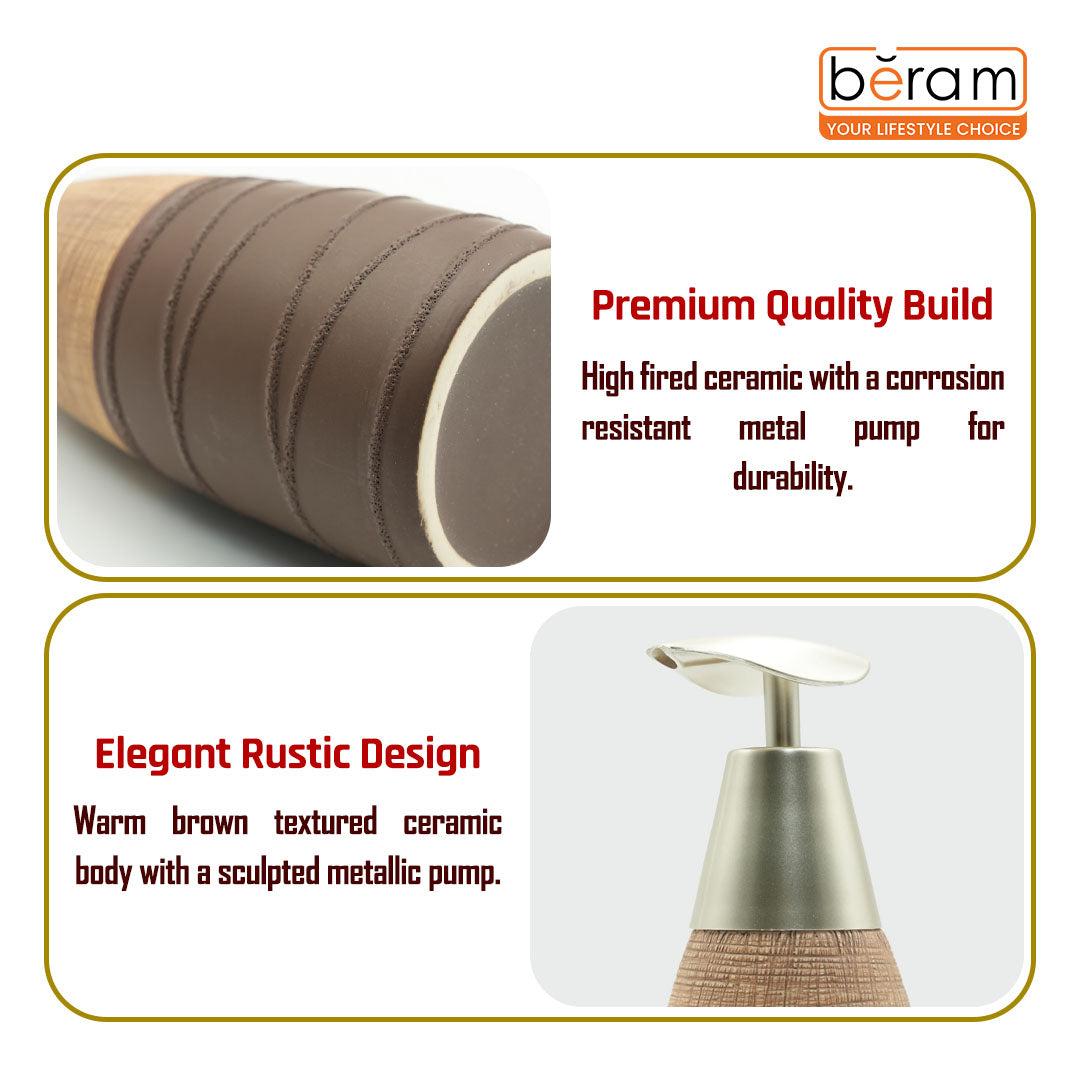 Beram Stripes Ceramic Soap Dispenser 400ml Bathroom Accessory Refillable Lotion Pump Bottle with Textured Stripe Design Modern Bathroom or Kitchen Accessory for Hand Soap Lotion or Sanitizer (Vancho)