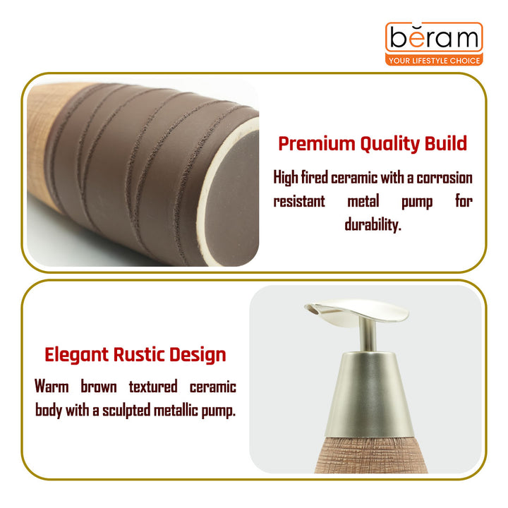 Beram Stripes Ceramic Soap Dispenser 400ml Bathroom Accessory Refillable Lotion Pump Bottle with Textured Stripe Design Modern Bathroom or Kitchen Accessory for Hand Soap Lotion or Sanitizer (Vancho)