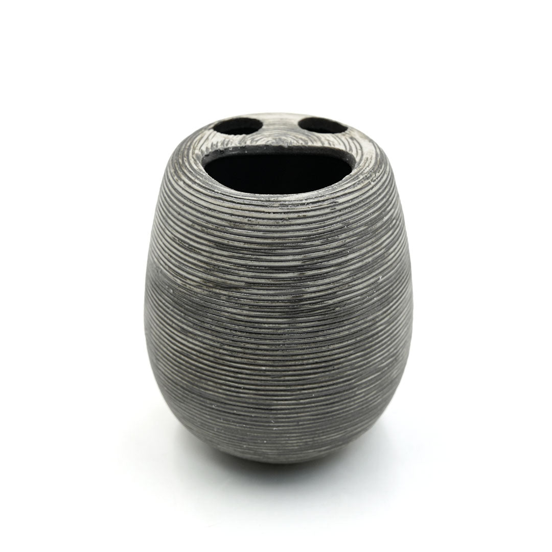 Beram Bathroom Accessory Stripes Set 5 Piece Ceramic  Natural Textured Design with Soap Dispenser Toothbrush Holder Tumbler Multifunction Holder & Soap Dish (Black) (5PCS Set)