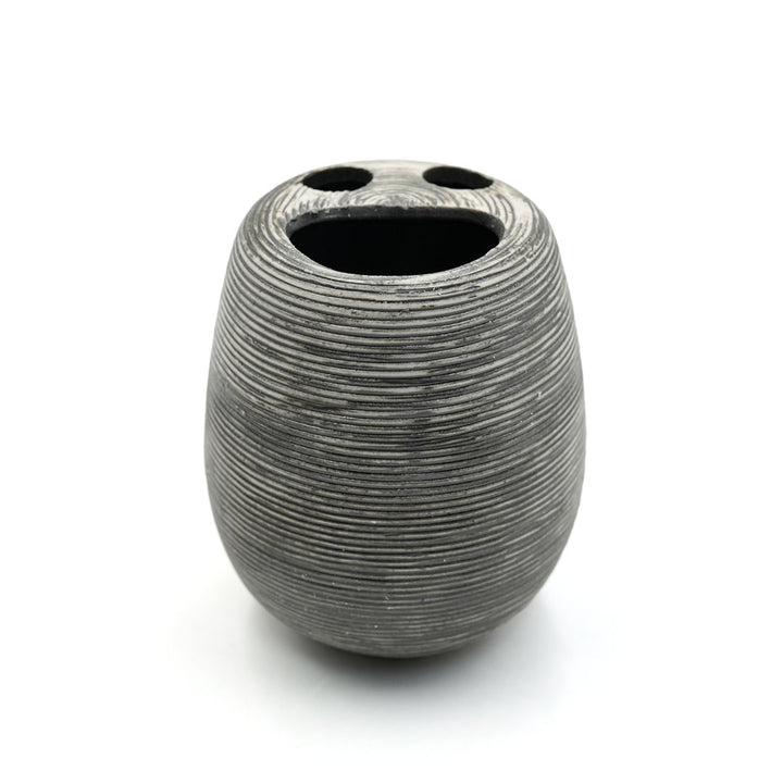 Beram Bathroom Accessory Stripes Set 5 Piece Ceramic  Natural Textured Design with Soap Dispenser Toothbrush Holder Tumbler Multifunction Holder & Soap Dish (Black) (5PCS Set)