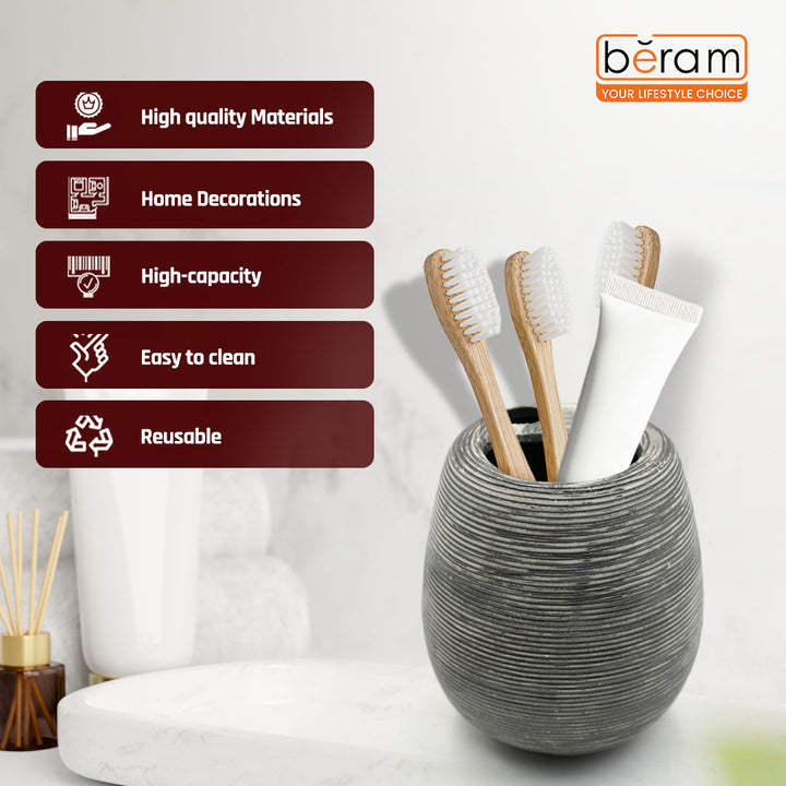 Beram Bathroom Accessory Stripes Set 5 Piece Ceramic  Natural Textured Design with Soap Dispenser Toothbrush Holder Tumbler Multifunction Holder & Soap Dish (Black) (5PCS Set)
