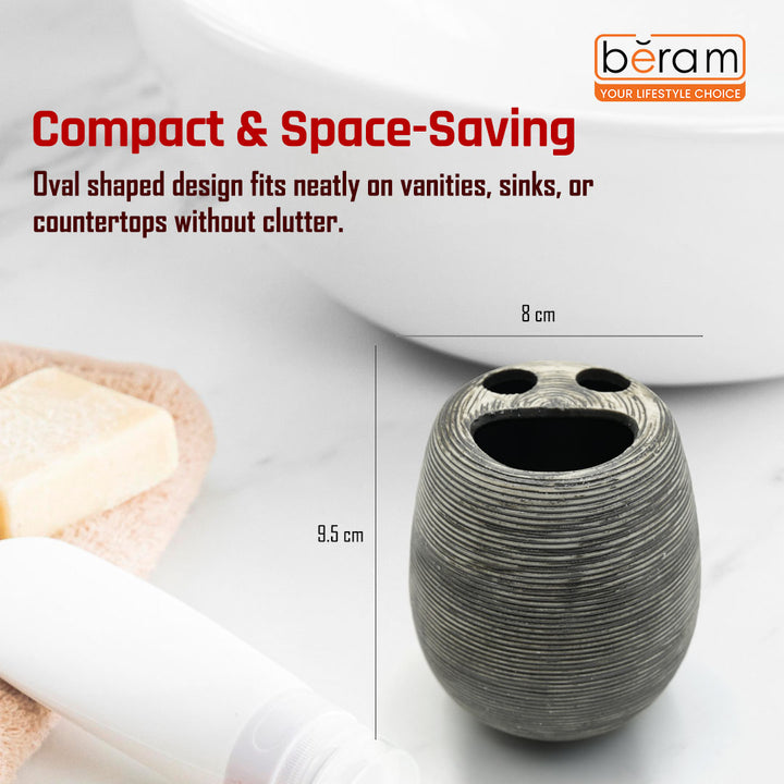 Beram Bathroom Accessory Stripes Set 5 Piece Ceramic  Natural Textured Design with Soap Dispenser Toothbrush Holder Tumbler Multifunction Holder & Soap Dish (Black) (5PCS Set)