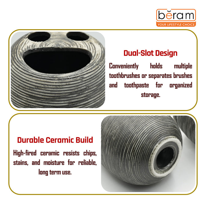 Beram Bathroom Accessory Stripes Set 5 Piece Ceramic  Natural Textured Design with Soap Dispenser Toothbrush Holder Tumbler Multifunction Holder & Soap Dish (Black) (5PCS Set)