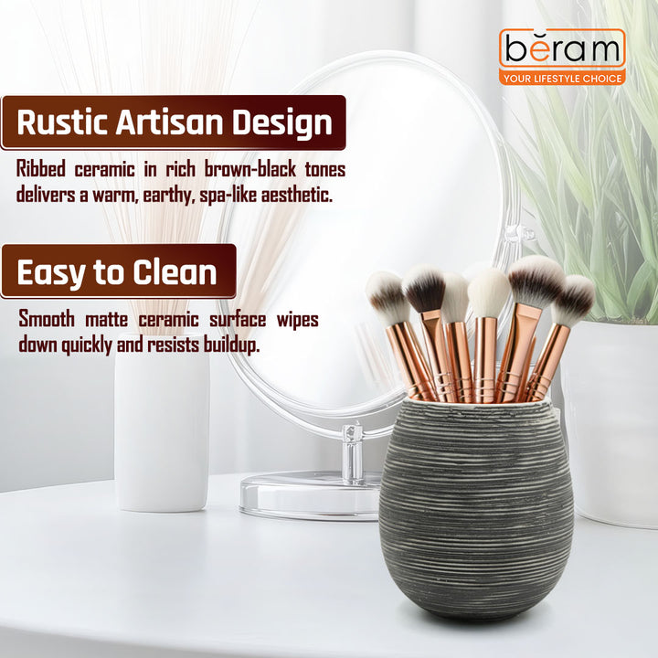 Beram Bathroom Accessory Stripes Set 5 Piece Ceramic  Natural Textured Design with Soap Dispenser Toothbrush Holder Tumbler Multifunction Holder & Soap Dish (Black) (5PCS Set)