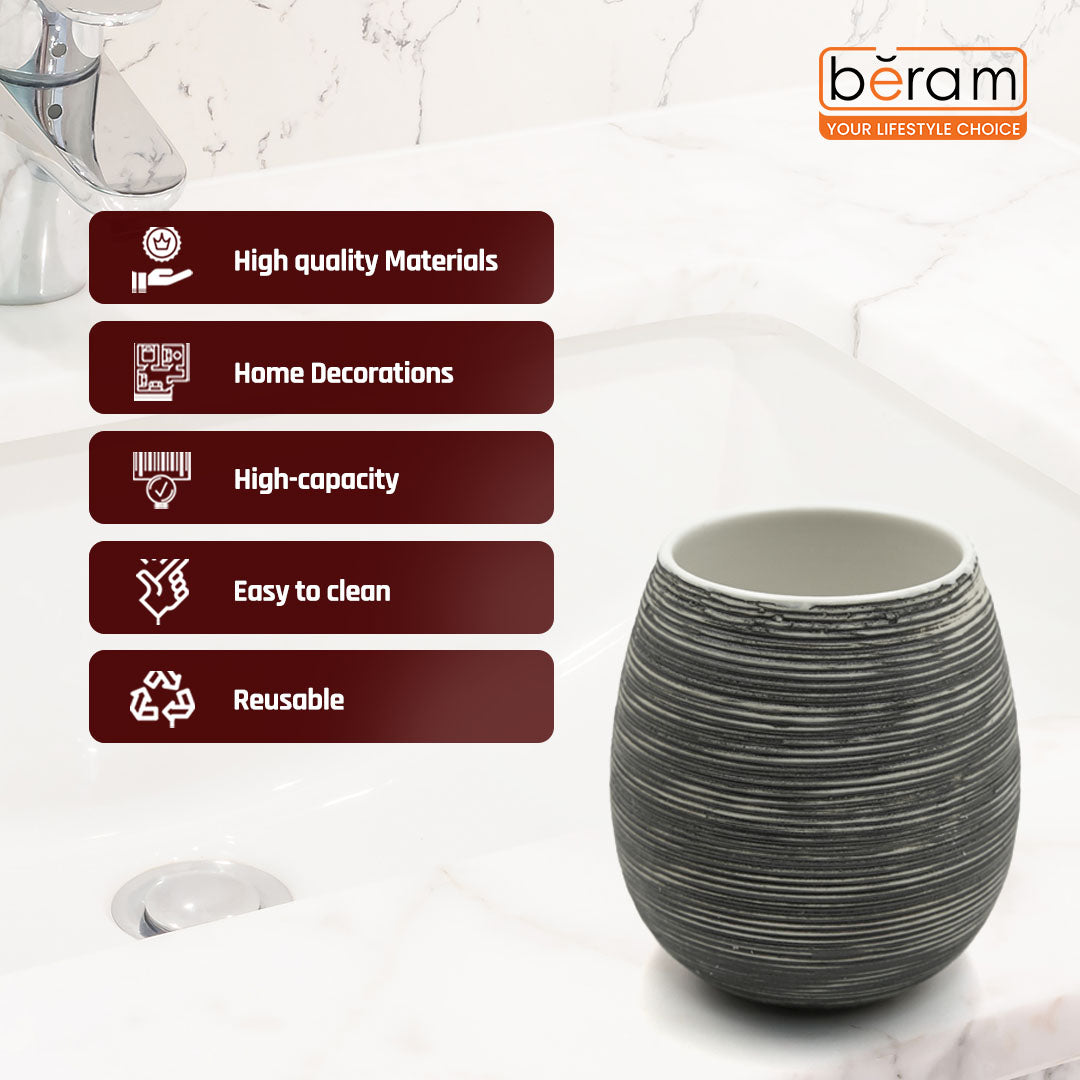 Beram Bathroom Accessory Stripes Set 5 Piece Ceramic  Natural Textured Design with Soap Dispenser Toothbrush Holder Tumbler Multifunction Holder & Soap Dish (Black) (5PCS Set)