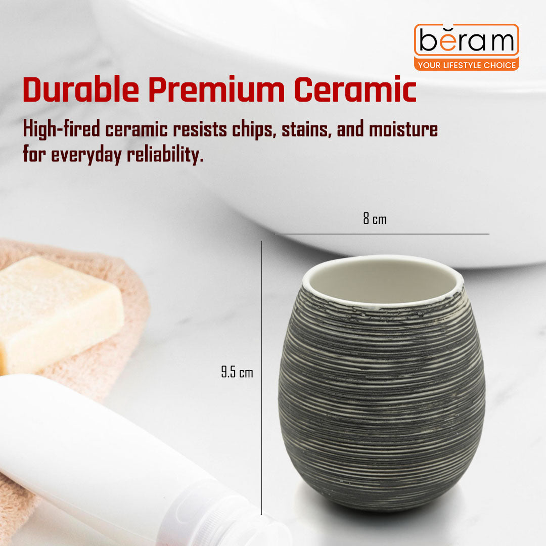 Beram Bathroom Accessory Stripes Set 5 Piece Ceramic  Natural Textured Design with Soap Dispenser Toothbrush Holder Tumbler Multifunction Holder & Soap Dish (Black) (5PCS Set)