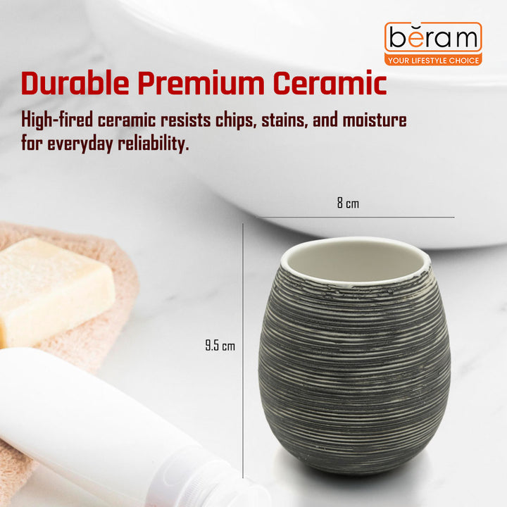 Beram Bathroom Accessory Stripes Set 5 Piece Ceramic  Natural Textured Design with Soap Dispenser Toothbrush Holder Tumbler Multifunction Holder & Soap Dish (Black) (5PCS Set)