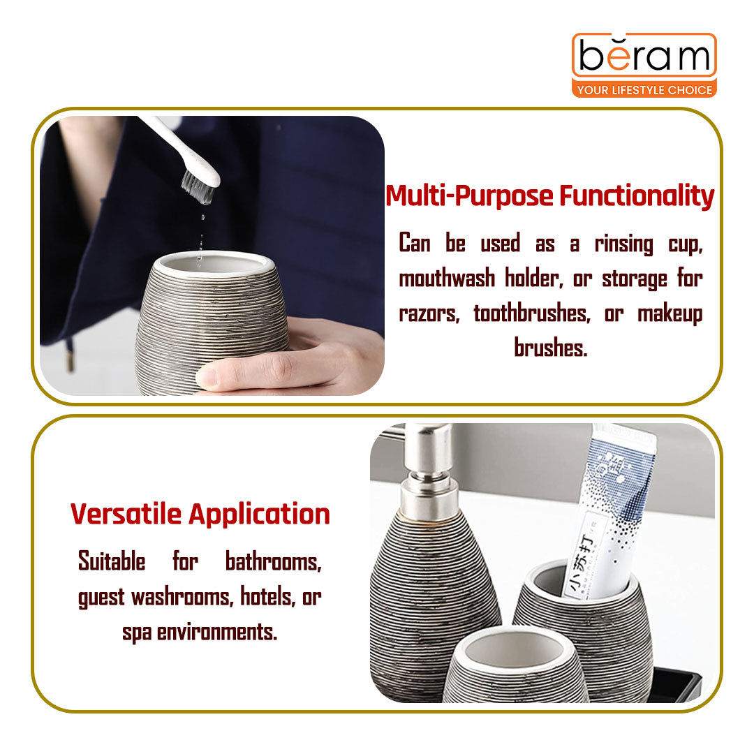 Beram Bathroom Accessory Stripes Set 5 Piece Ceramic  Natural Textured Design with Soap Dispenser Toothbrush Holder Tumbler Multifunction Holder & Soap Dish (Black) (5PCS Set)