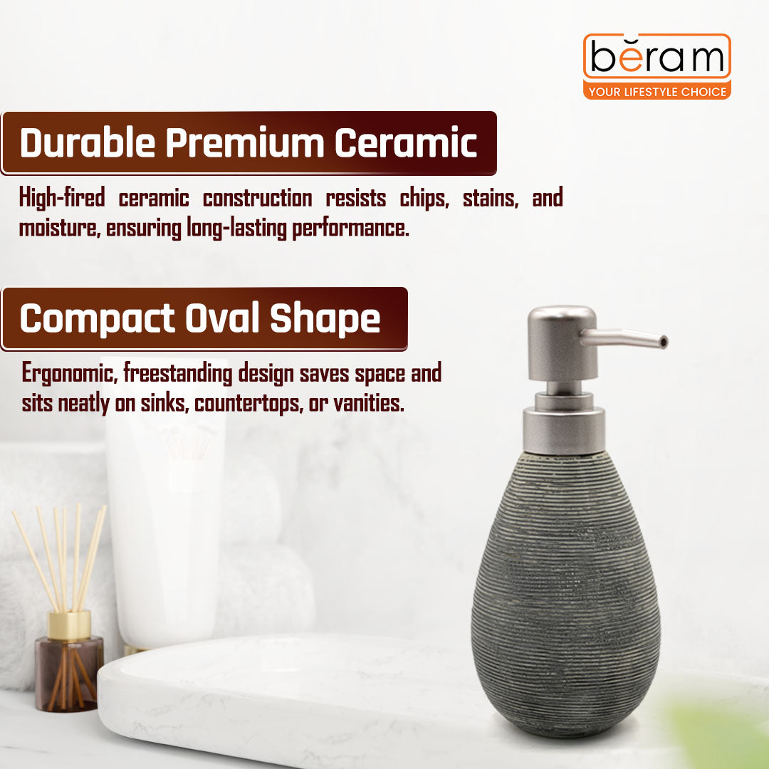 Beram Bathroom Accessory Stripes Set 5 Piece Ceramic  Natural Textured Design with Soap Dispenser Toothbrush Holder Tumbler Multifunction Holder & Soap Dish (Black) (5PCS Set)