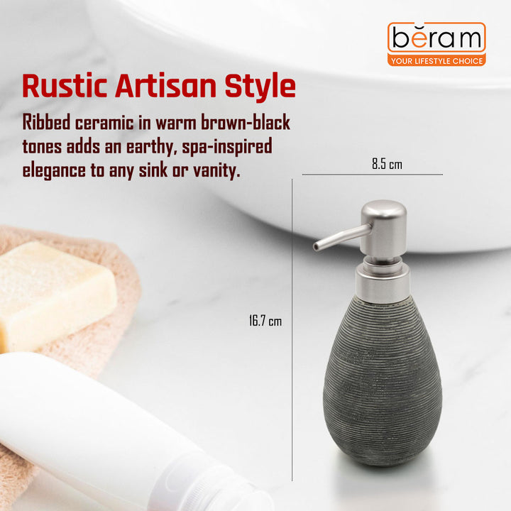 Beram Bathroom Accessory Stripes Set 5 Piece Ceramic  Natural Textured Design with Soap Dispenser Toothbrush Holder Tumbler Multifunction Holder & Soap Dish (Black) (5PCS Set)