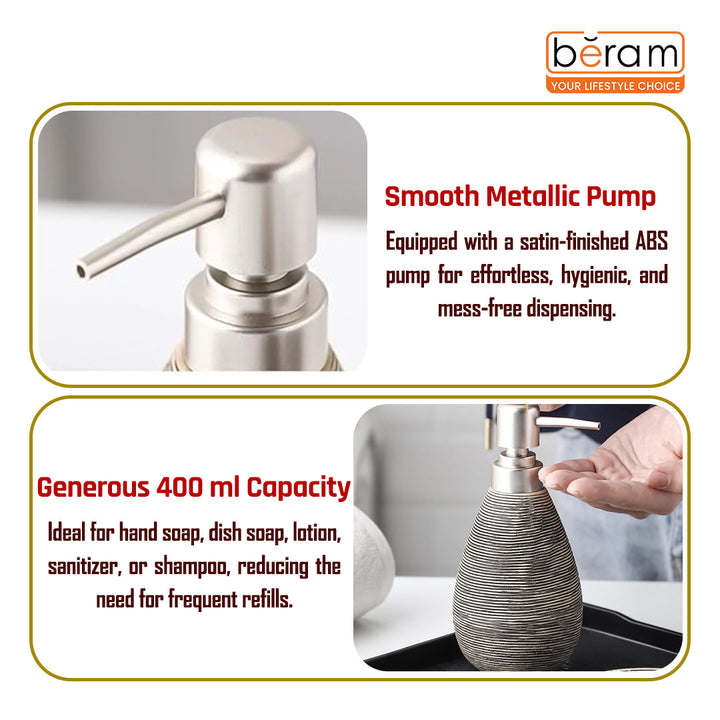 Beram Bathroom Accessory Stripes Set 5 Piece Ceramic  Natural Textured Design with Soap Dispenser Toothbrush Holder Tumbler Multifunction Holder & Soap Dish (Black) (5PCS Set)