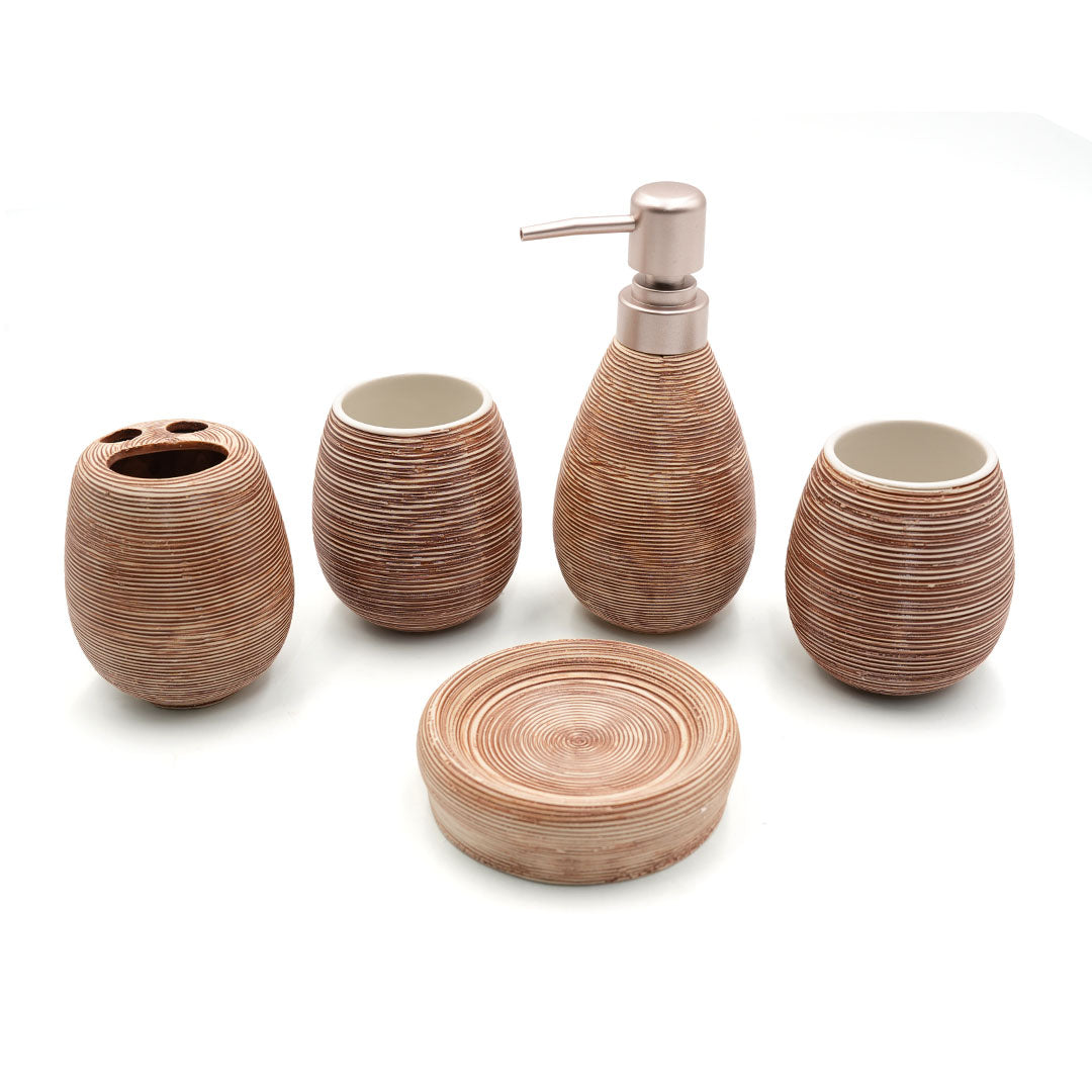 Beram 5PCS Brown Ceramic Bathroom Kitchen Accessory Set Natural Textured Design with Soap Dispenser brush Holder Tumbler Multifunction Holder & Soap Dish Rustic Boho Style (5PCS Set)
