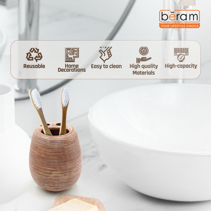 Beram 5PCS Brown Ceramic Bathroom Kitchen Accessory Set Natural Textured Design with Soap Dispenser brush Holder Tumbler Multifunction Holder & Soap Dish Rustic Boho Style (5PCS Set)