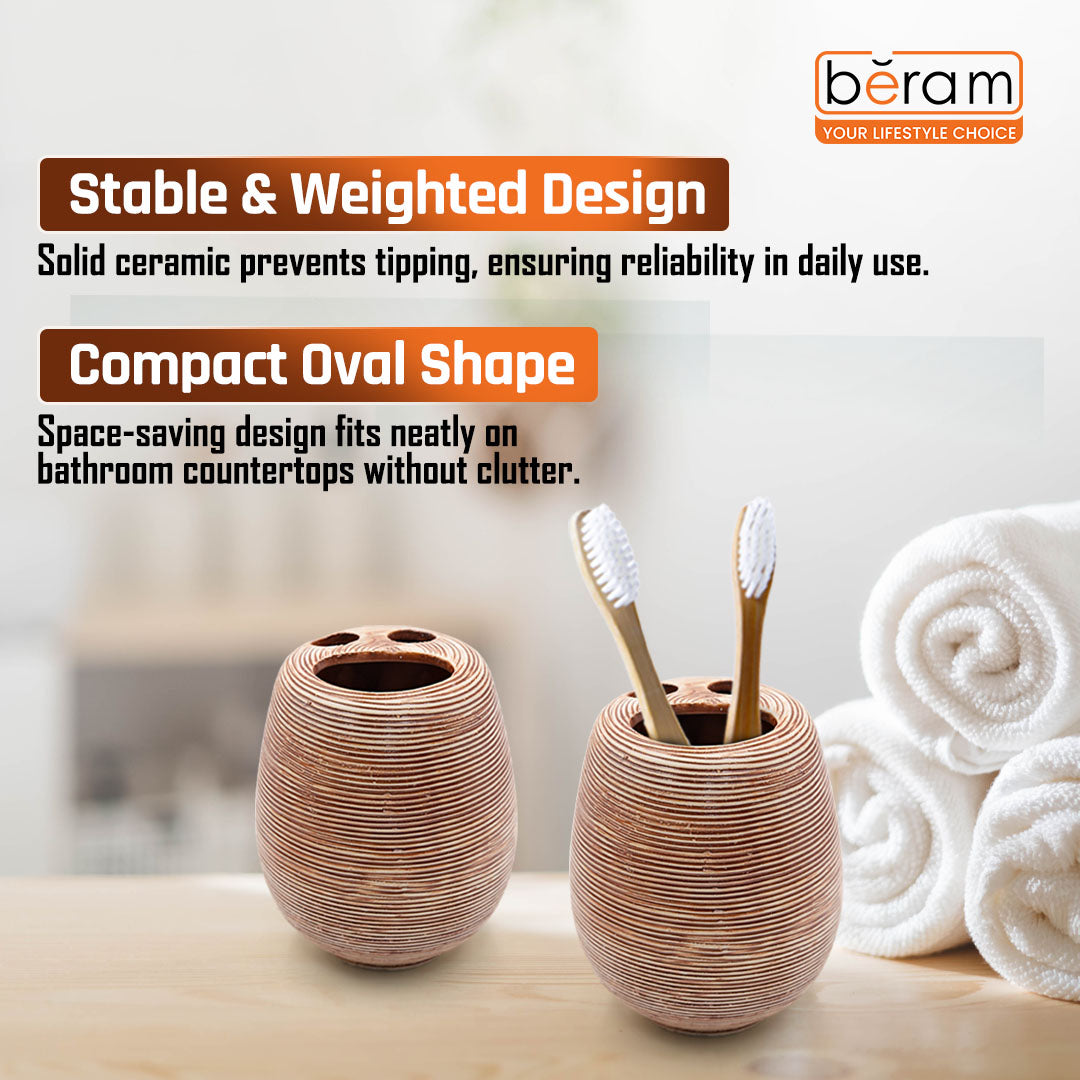 Beram 5PCS Brown Ceramic Bathroom Kitchen Accessory Set Natural Textured Design with Soap Dispenser brush Holder Tumbler Multifunction Holder & Soap Dish Rustic Boho Style (5PCS Set)