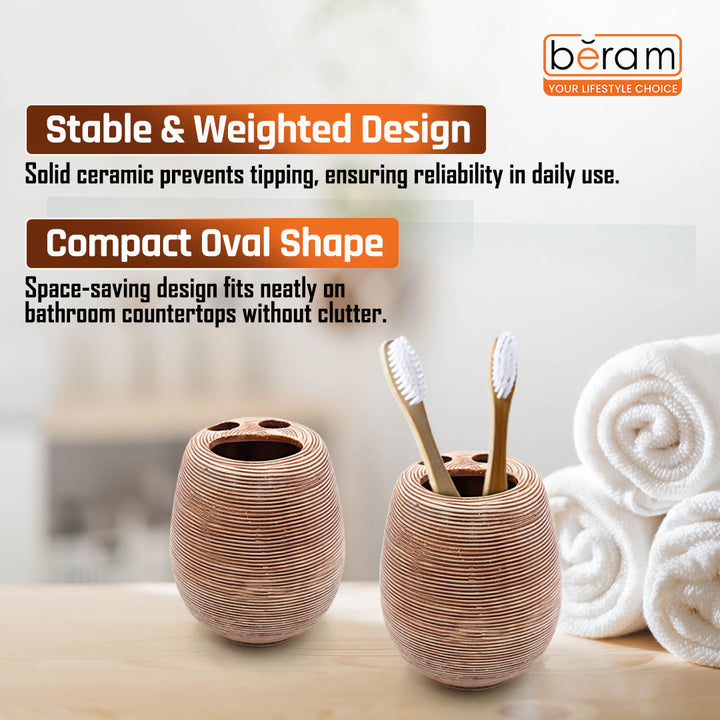 Beram 5PCS Brown Ceramic Bathroom Kitchen Accessory Set Natural Textured Design with Soap Dispenser brush Holder Tumbler Multifunction Holder & Soap Dish Rustic Boho Style (5PCS Set)