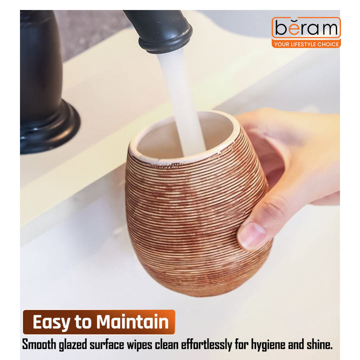 Beram 5PCS Brown Ceramic Bathroom Kitchen Accessory Set Natural Textured Design with Soap Dispenser brush Holder Tumbler Multifunction Holder & Soap Dish Rustic Boho Style (5PCS Set)