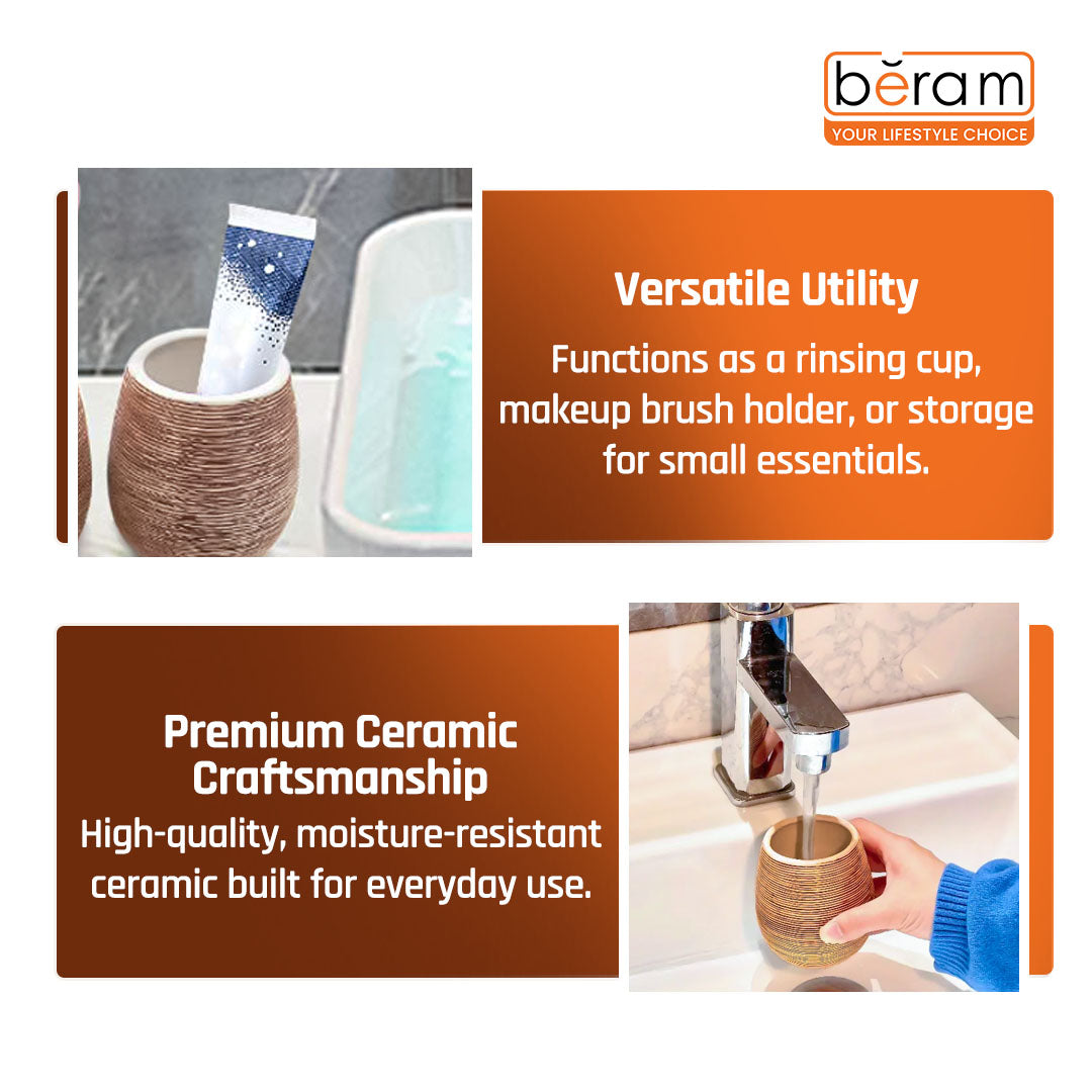 Beram 5PCS Brown Ceramic Bathroom Kitchen Accessory Set Natural Textured Design with Soap Dispenser brush Holder Tumbler Multifunction Holder & Soap Dish Rustic Boho Style (5PCS Set)
