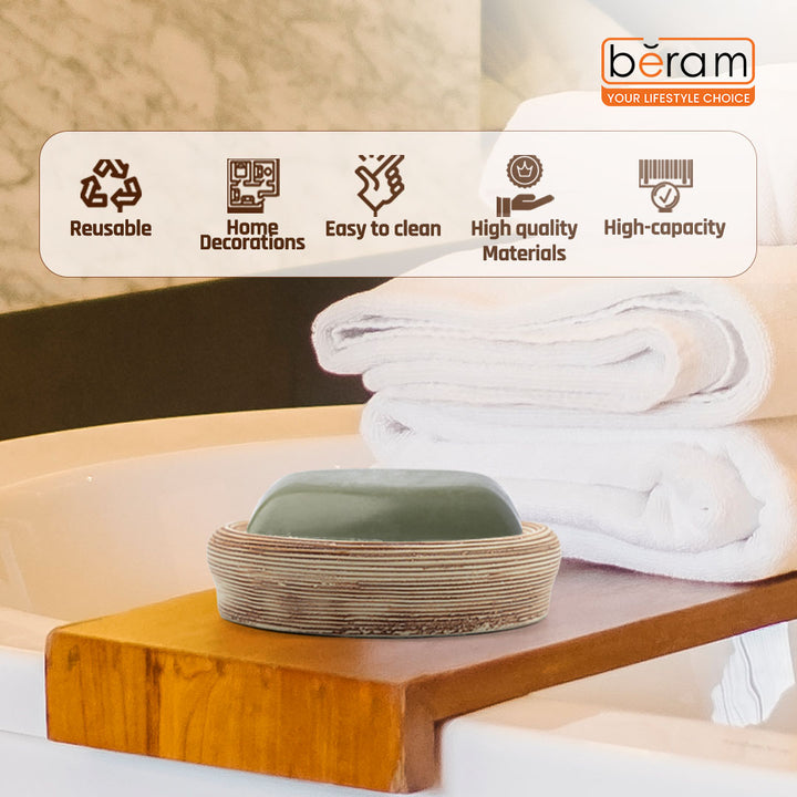 Beram 5PCS Brown Ceramic Bathroom Kitchen Accessory Set Natural Textured Design with Soap Dispenser brush Holder Tumbler Multifunction Holder & Soap Dish Rustic Boho Style (5PCS Set)