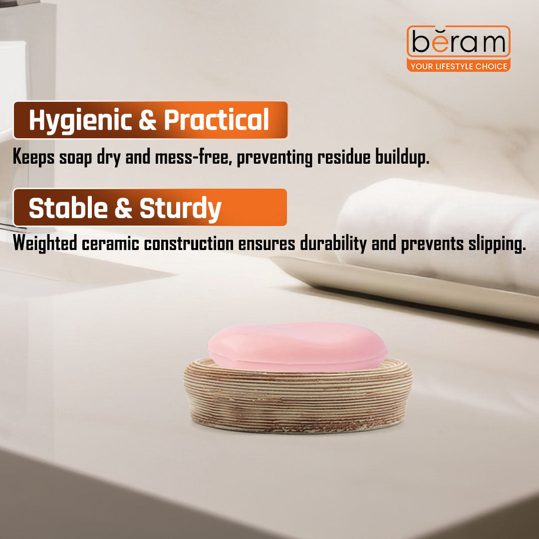 Beram 5PCS Brown Ceramic Bathroom Kitchen Accessory Set Natural Textured Design with Soap Dispenser brush Holder Tumbler Multifunction Holder & Soap Dish Rustic Boho Style (5PCS Set)