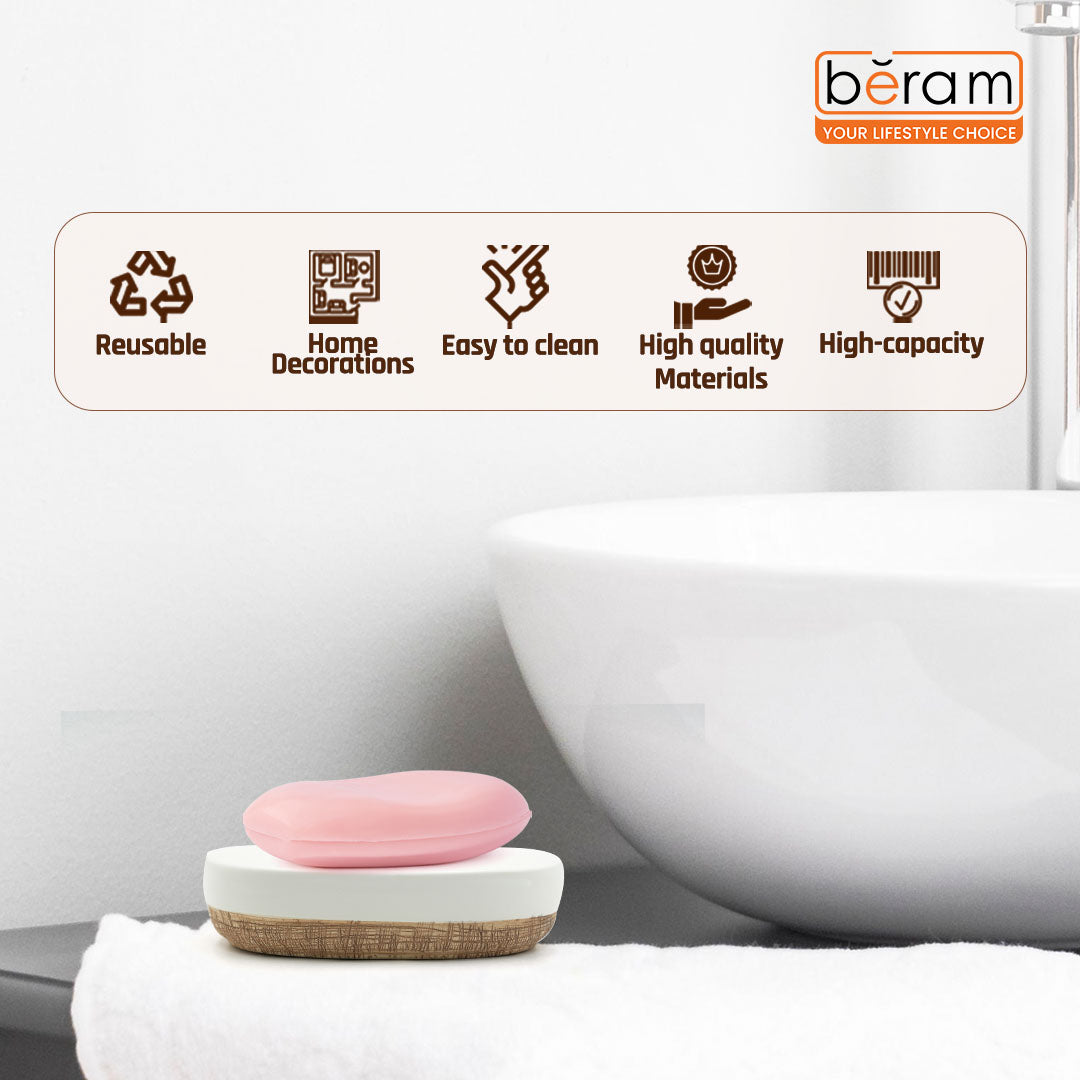 Beram Dispenser Plain Stripes 4 Piece Ceramic Bathroom & Kitchen Accessory Set Rustic Matte Finish with Soap Dispenser Tumbler Toothbrush Holder & Soap Dish Handmade (White and Brown) (4PCS Set)