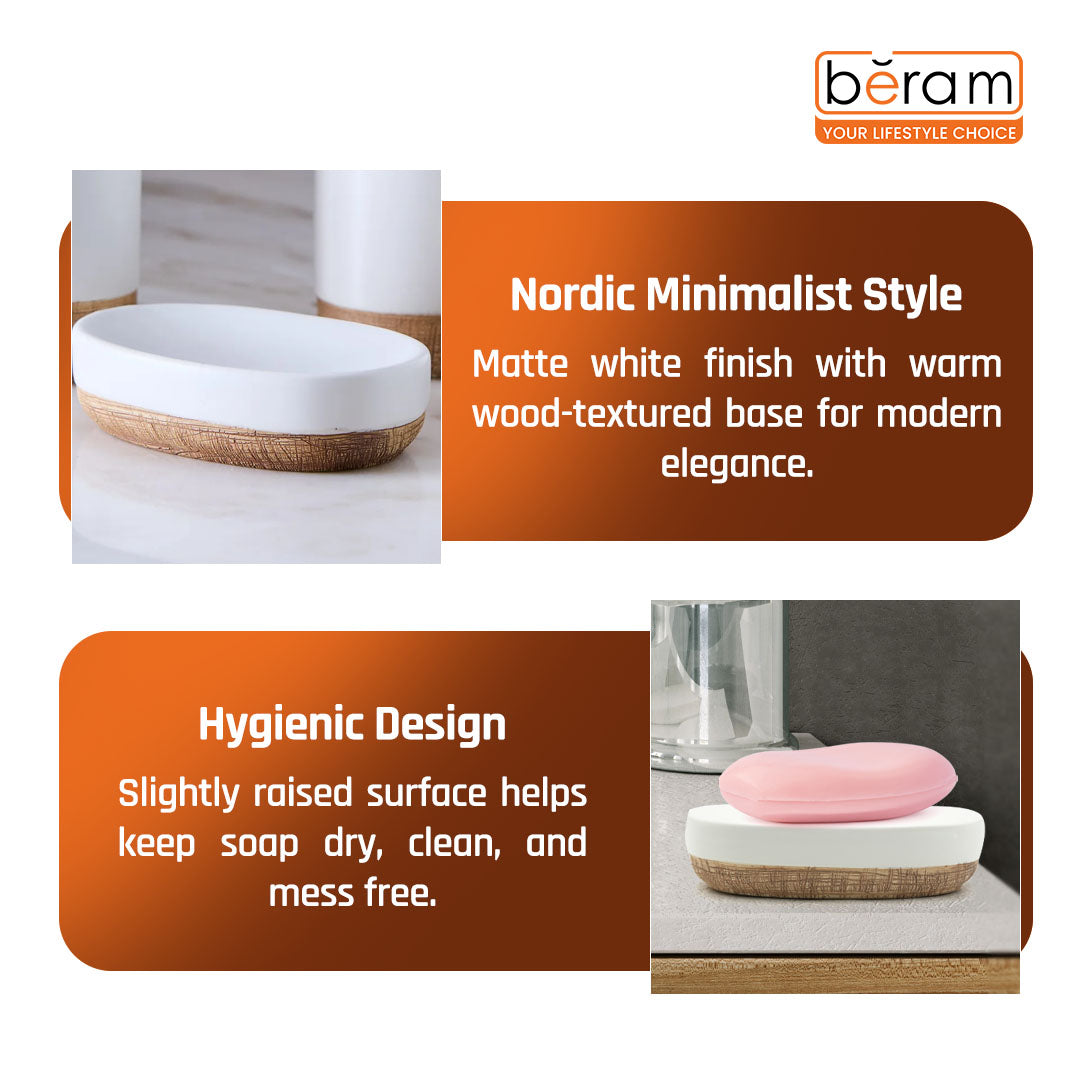 Beram Dispenser Plain Stripes 4 Piece Ceramic Bathroom & Kitchen Accessory Set Rustic Matte Finish with Soap Dispenser Tumbler Toothbrush Holder & Soap Dish Handmade (White and Brown) (4PCS Set)