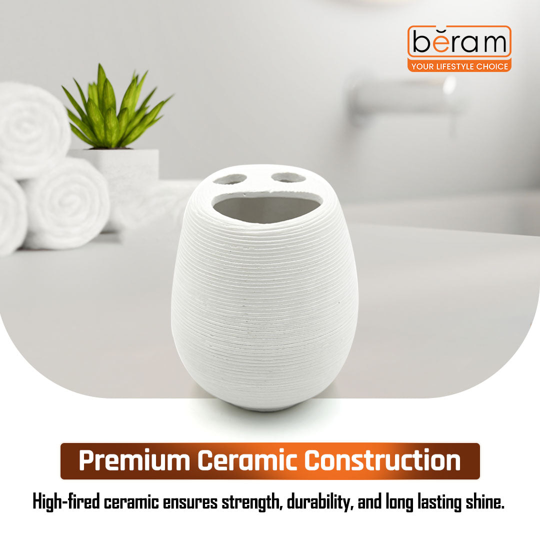 Beram Bathroom Accessory White Stripes Set 5 Piece Ceramic  Natural Textured Design with Soap Dispenser Toothbrush Holder Tumbler Multifunction Holder & Soap Dish (5PCS Set)