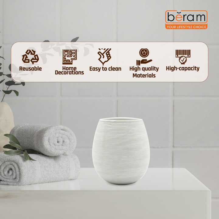 Beram Bathroom Accessory White Stripes Set 5 Piece Ceramic  Natural Textured Design with Soap Dispenser Toothbrush Holder Tumbler Multifunction Holder & Soap Dish (5PCS Set)