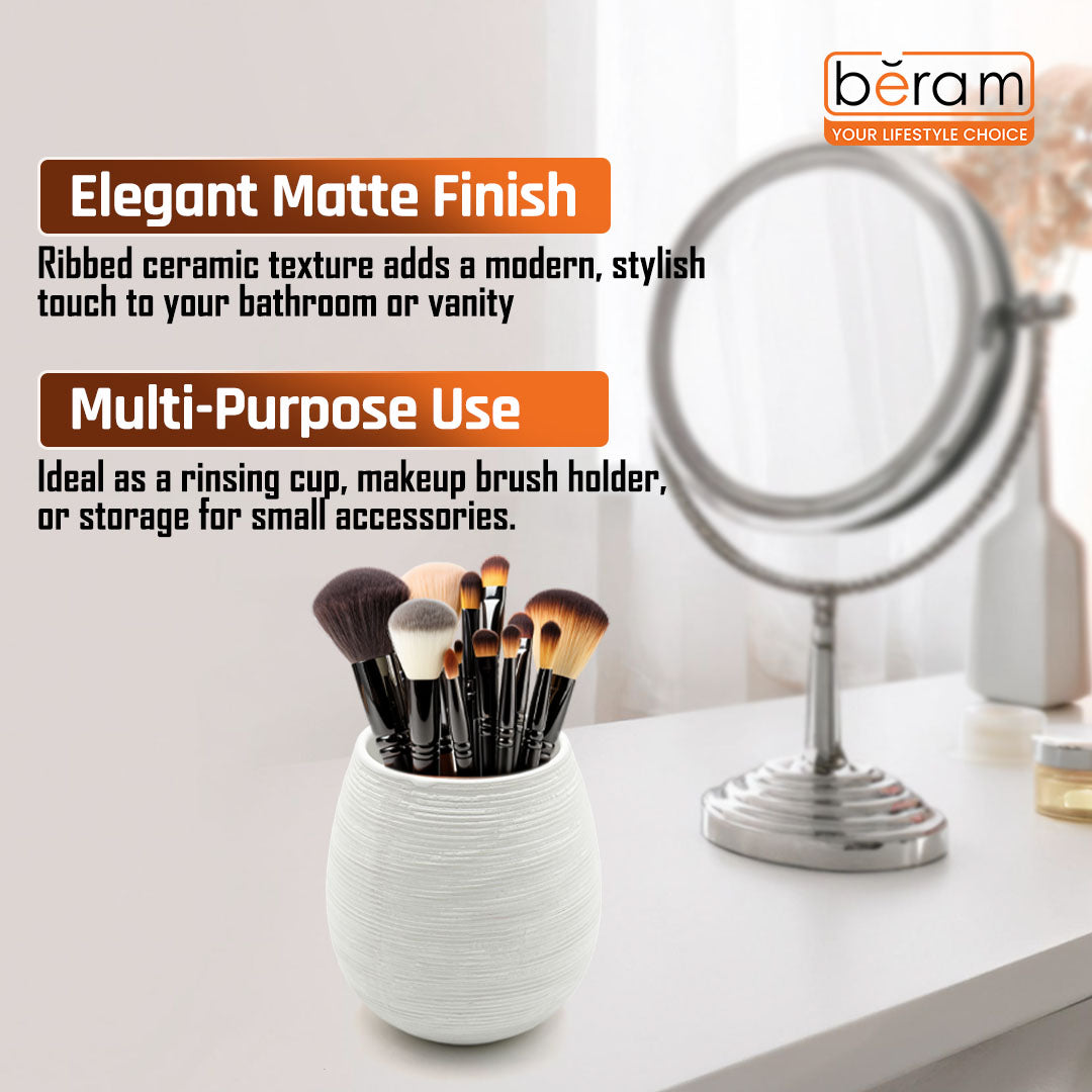 Beram Bathroom Accessory White Stripes Set 5 Piece Ceramic  Natural Textured Design with Soap Dispenser Toothbrush Holder Tumbler Multifunction Holder & Soap Dish (5PCS Set)