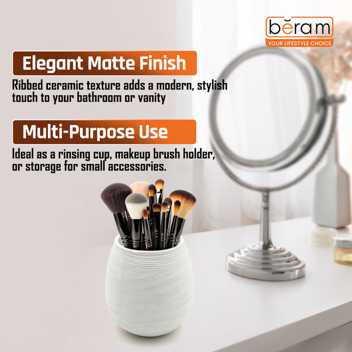 Beram Bathroom Accessory White Stripes Set 5 Piece Ceramic  Natural Textured Design with Soap Dispenser Toothbrush Holder Tumbler Multifunction Holder & Soap Dish (5PCS Set)