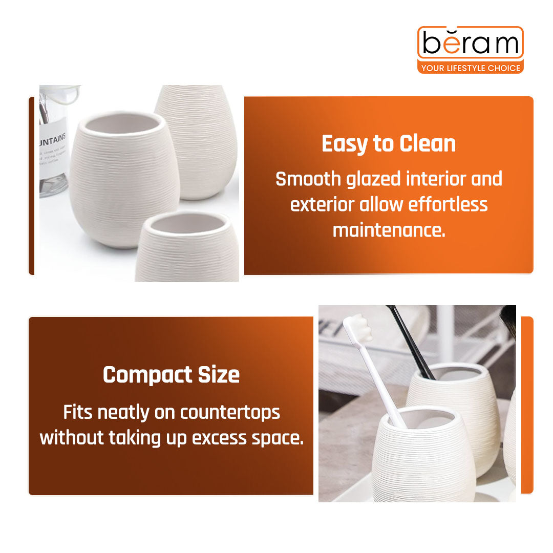 Beram Bathroom Accessory White Stripes Set 5 Piece Ceramic  Natural Textured Design with Soap Dispenser Toothbrush Holder Tumbler Multifunction Holder & Soap Dish (5PCS Set)