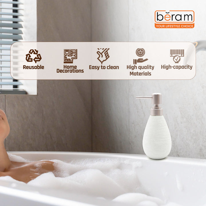 Beram Bathroom Accessory White Stripes Set 5 Piece Ceramic  Natural Textured Design with Soap Dispenser Toothbrush Holder Tumbler Multifunction Holder & Soap Dish (5PCS Set)