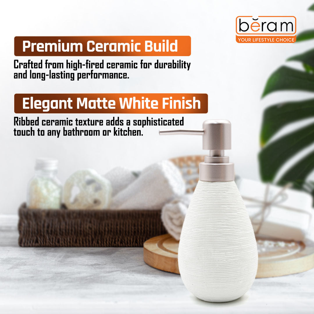 Beram Bathroom Accessory White Stripes Set 5 Piece Ceramic  Natural Textured Design with Soap Dispenser Toothbrush Holder Tumbler Multifunction Holder & Soap Dish (5PCS Set)