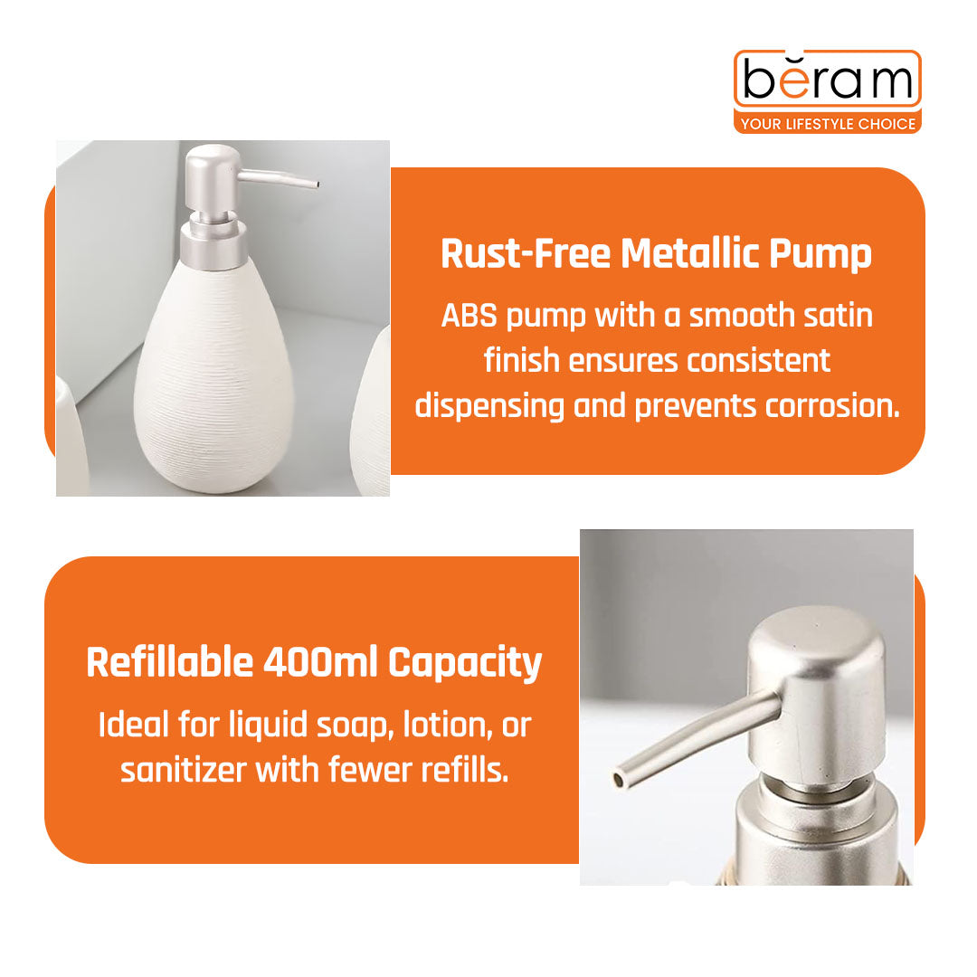 Beram Bathroom Accessory White Stripes Set 5 Piece Ceramic  Natural Textured Design with Soap Dispenser Toothbrush Holder Tumbler Multifunction Holder & Soap Dish (5PCS Set)