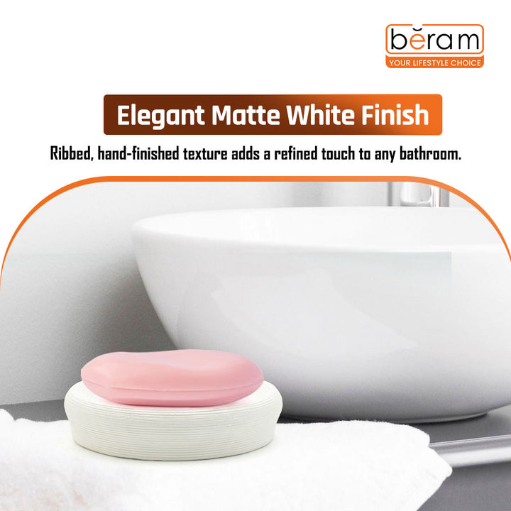 Beram Bathroom Accessory White Stripes Set 5 Piece Ceramic  Natural Textured Design with Soap Dispenser Toothbrush Holder Tumbler Multifunction Holder & Soap Dish (5PCS Set)