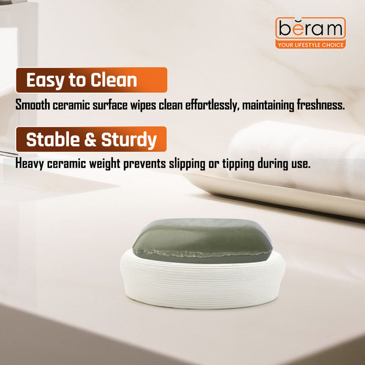 Beram Bathroom Accessory White Stripes Set 5 Piece Ceramic  Natural Textured Design with Soap Dispenser Toothbrush Holder Tumbler Multifunction Holder & Soap Dish (5PCS Set)