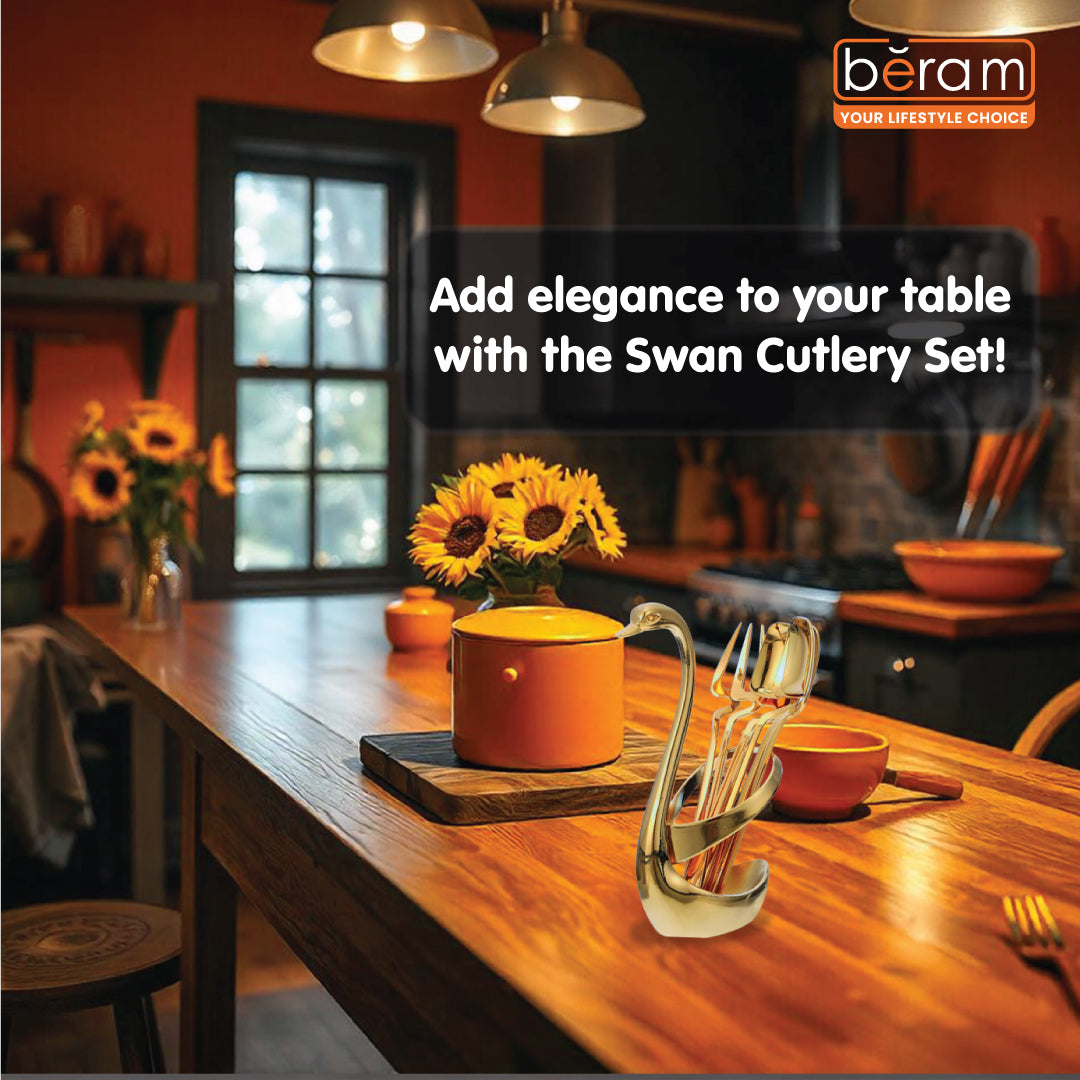 BERAM Golden Swan 6‑Piece Stainless Steel Cutlery Set with Swan Holder – Golden Finish – Includes Forks & Spoons – Elegant Daily Tableware