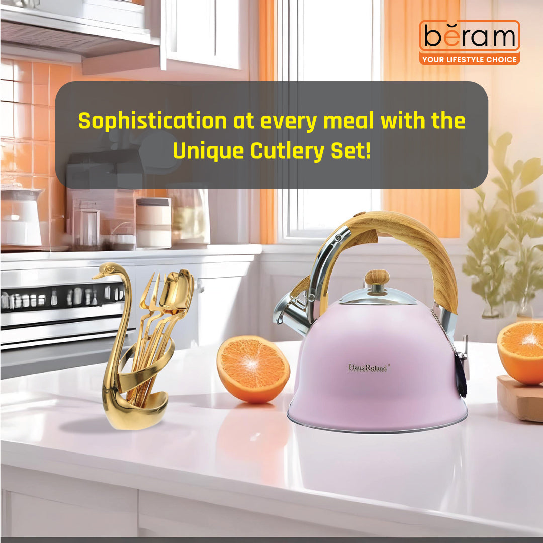 BERAM Golden Swan 6‑Piece Stainless Steel Cutlery Set with Swan Holder – Golden Finish – Includes Forks & Spoons – Elegant Daily Tableware