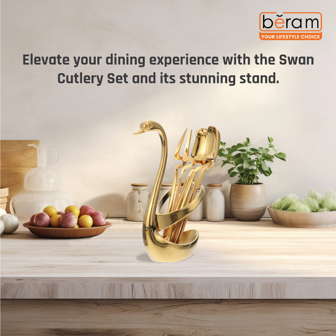 BERAM Golden Swan 6‑Piece Stainless Steel Cutlery Set with Swan Holder – Golden Finish – Includes Forks & Spoons – Elegant Daily Tableware