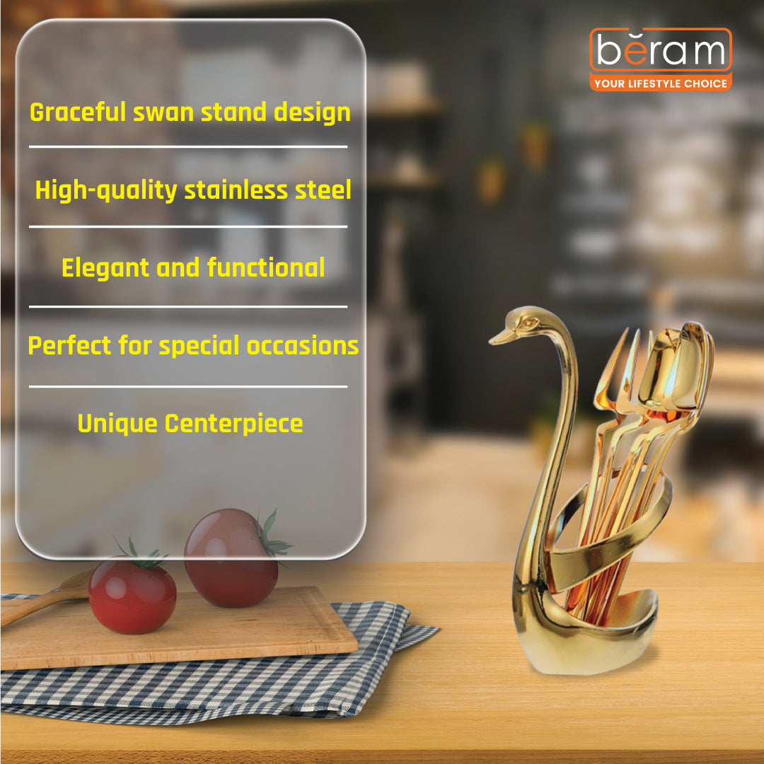 BERAM Golden Swan 6‑Piece Stainless Steel Cutlery Set with Swan Holder – Golden Finish – Includes Forks & Spoons – Elegant Daily Tableware