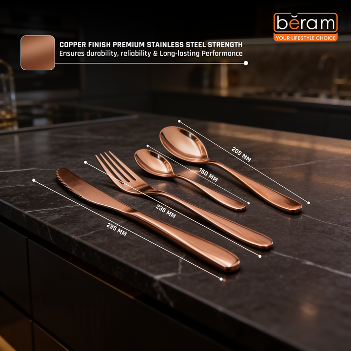 BERAM Table Trend Cutlery Set Elegant 18/10 Stainless Steel Flatware with PVD Copper Finish, Premium Tableware for Home, Restaurants