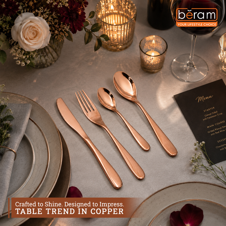 BERAM Table Trend Cutlery Set Elegant 18/10 Stainless Steel Flatware with PVD Copper Finish, Premium Tableware for Home, Restaurants