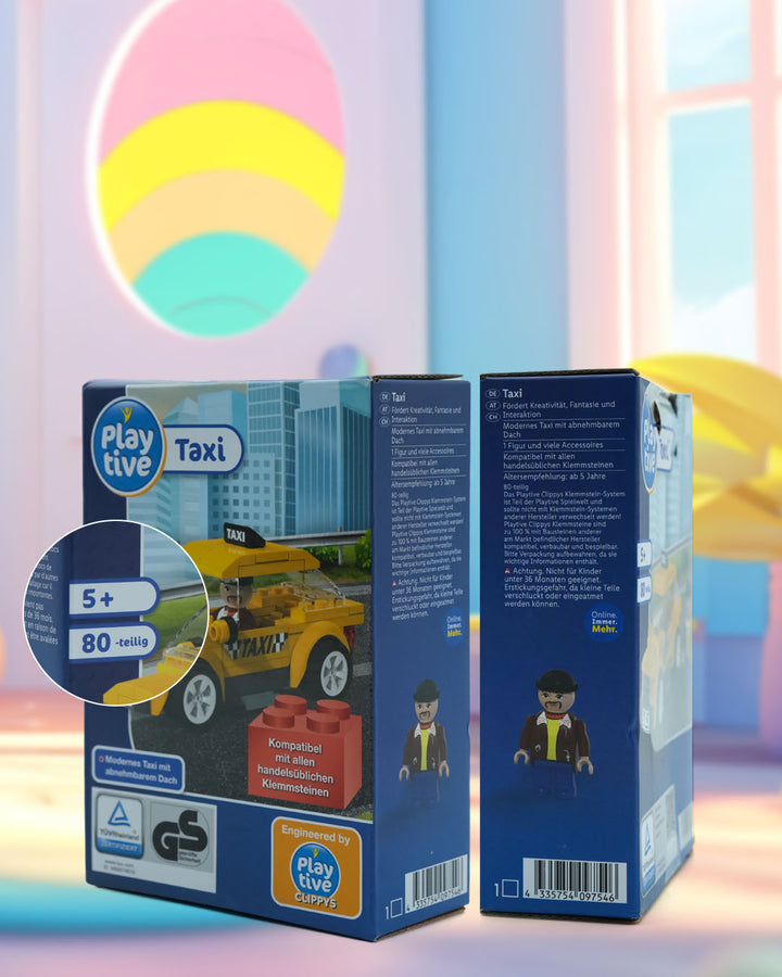 Playtive 80-Piece Taxi Building Set – Creative Construction Kit with Removable Roof, Driver Figure & Accessories – Compatible with Major Brick Brands – Encourages STEM Learning & Imaginative Play – Ages 5+