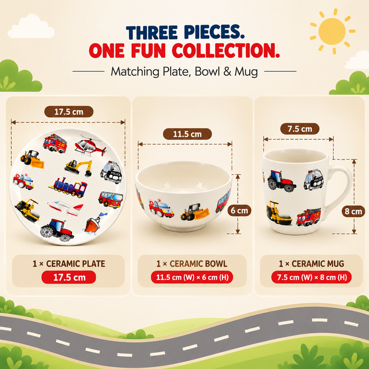 3 Piece Ceramic Dinnerware Set with Plate, Bowl & Mug, Colourful Ocean Sea Life Design, Fish, Turtle, Crab & Starfish Pattern, Breakfast Dining Set for Everyday Meals, Snacks, Cereal & Drinks