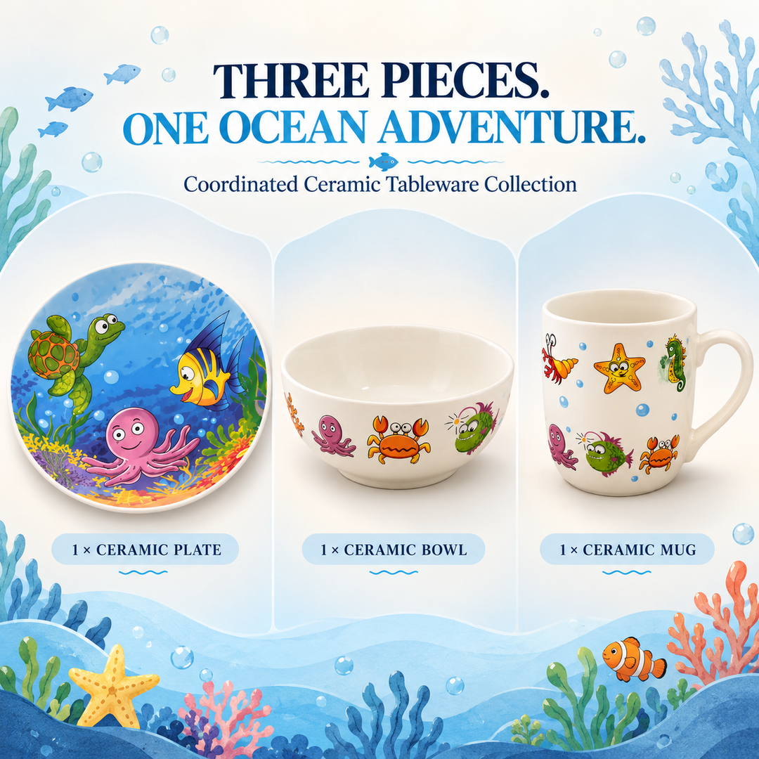 3 Piece Ceramic Dinnerware Set with Plate, Bowl & Mug, Colourful Ocean Sea Life Design, Fish, Turtle, Crab & Starfish Pattern, Breakfast Dining Set for Everyday Meals, Snacks, Cereal & Drinks